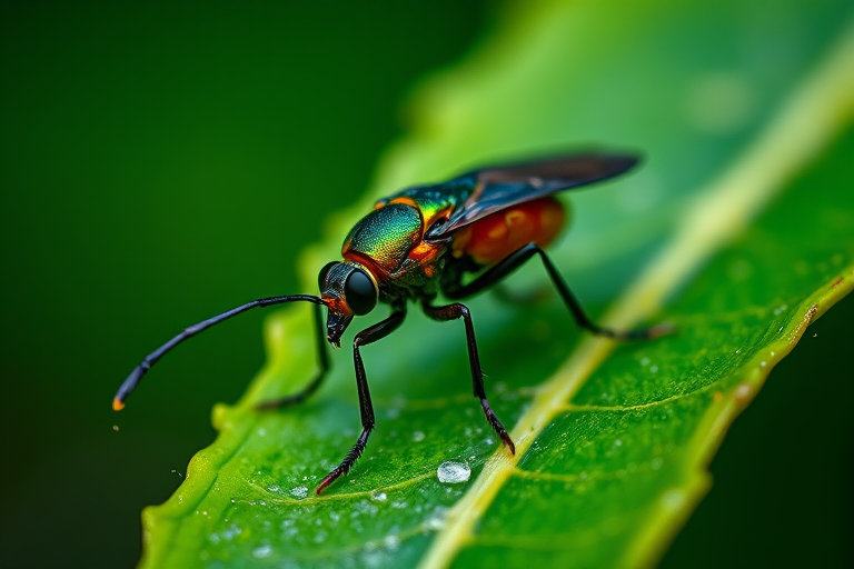 macro shot of a colorful insect on a green leaf, shallow depth of field, 100mm f/2.8 lens, ISO 200, 1/200 sec, soft natural light, Nikon D850, focus on insect details with blurred background