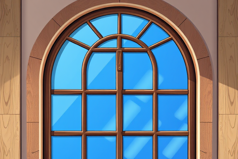 Create a detailed vector illustration of an arched window with wooden frames and multiple panes, showcasing a gradient blue reflection in the glass, using a high-resolution digital art style, 300 DPI, with a focus on symmetry and light reflection, captured from a straight-on view.