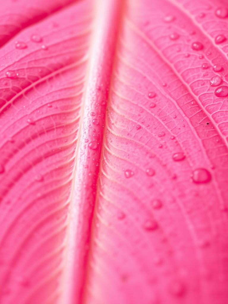 Create an enhanced image of a vibrant pink leaf with intricate details and texture, using a macro lens at f/2.8, ISO 100, shutter speed 1/200s, in natural light, captured from a slightly above perspective with a DSLR camera.