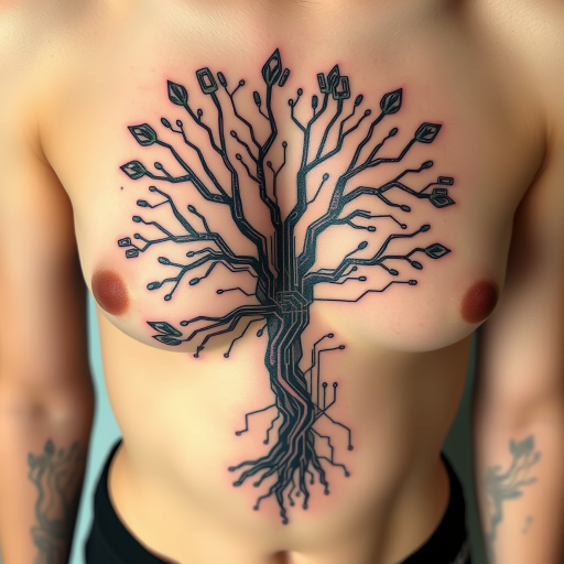 Surrealist tattoo combining elements of nature and technology on the ribcage, featuring a tree with circuit board branches and digital leaves in muted earth tones