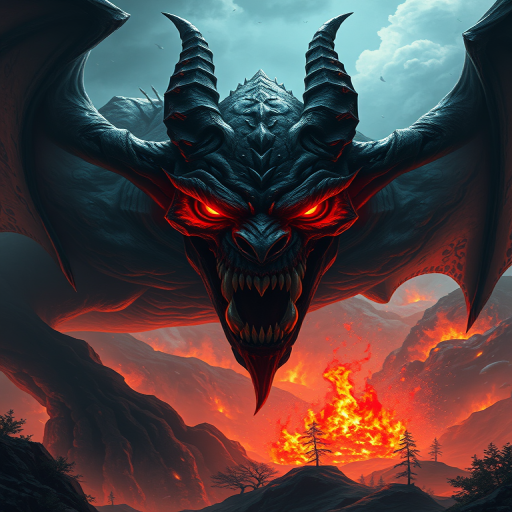create a dark fantasy illustration of a menacing demon with glowing red eyes and sharp teeth, set against a fiery landscape with mountains and trees, using a high-resolution digital art style; camera settings: f/8 aperture, ISO 100, 1/60s shutter speed; camera view: wide-angle shot; camera style: cinematic; camera type: digital SLR