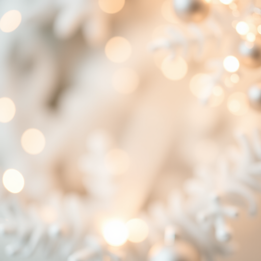 Generate an abstract image featuring soft, shimmering lights and blurred textures resembling festive decorations. Include elements that suggest a holiday atmosphere, with a focus on silver and white tones. Emphasize bokeh effects and a dreamy quality.