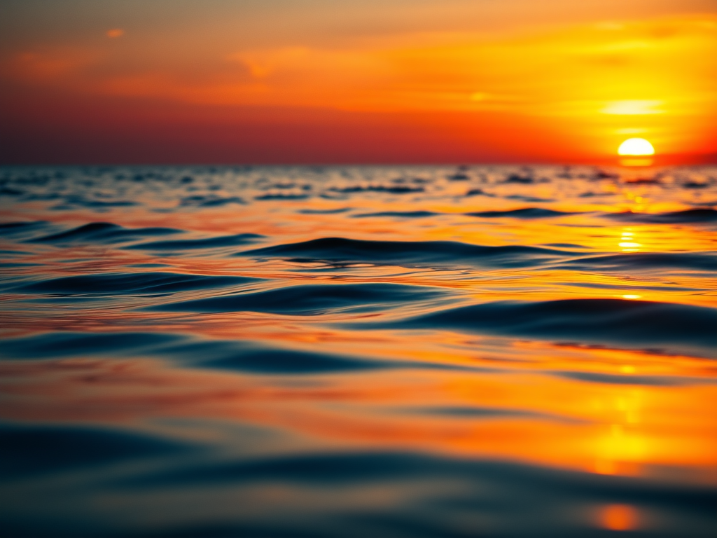 sunset over calm ocean water with reflections, warm orange and red hues, Canon EOS R5, 50mm lens, f/8 aperture, ISO 100, shot at golden hour, low angle view for dramatic effect