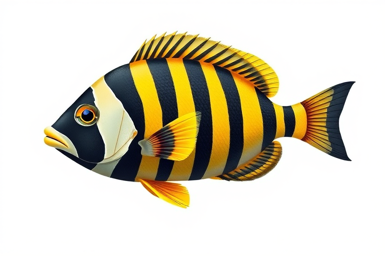 Create a detailed illustration of a black and yellow striped fish, emphasizing its vibrant colors and unique features, with a clean white background, using a high-resolution digital art style, simulating a Canon EOS R5 camera at f/2.8, ISO 100, and a 50mm lens for sharp focus and depth of field.