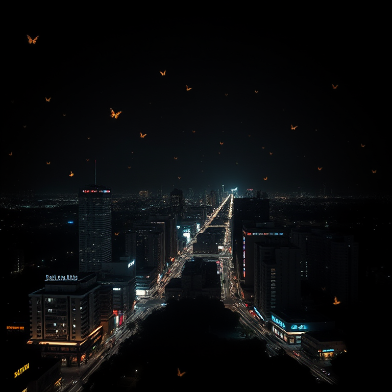 stylish,no humans,city light,black theme,dim lighting,high contrast,night sky,matserpiece,absurdres,depth of field,butterflies,extremely aesthetic,viloet theme,absurdres,wallpaper,panorama,