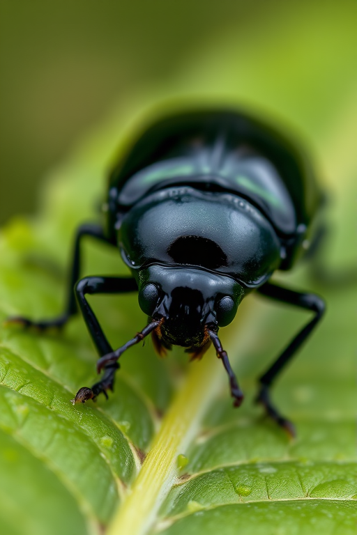Close-up of a shiny black beetle on a green leaf, taken with a macro lens, 100mm focal length, aperture f/8, ISO 200, 1/200 sec exposure, natural light, DSLR camera with a shallow depth of field.