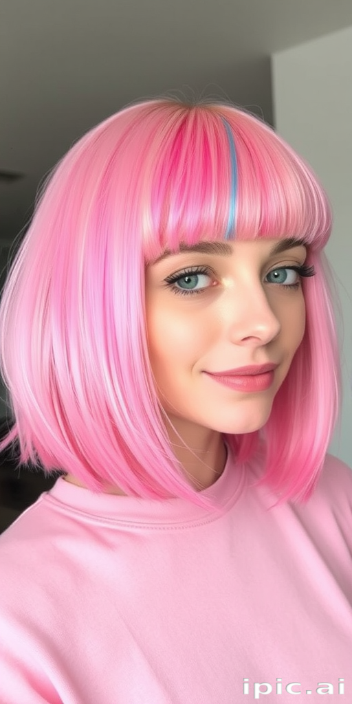 Whimsical pastel pink bob with blunt bangs, incorporating playful rainbow-colored streaks throughout, embodying a fun and youthful aesthetic