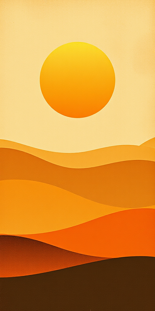 create an abstract landscape featuring rolling hills and a large sun in warm earth tones, with a textured, vintage feel