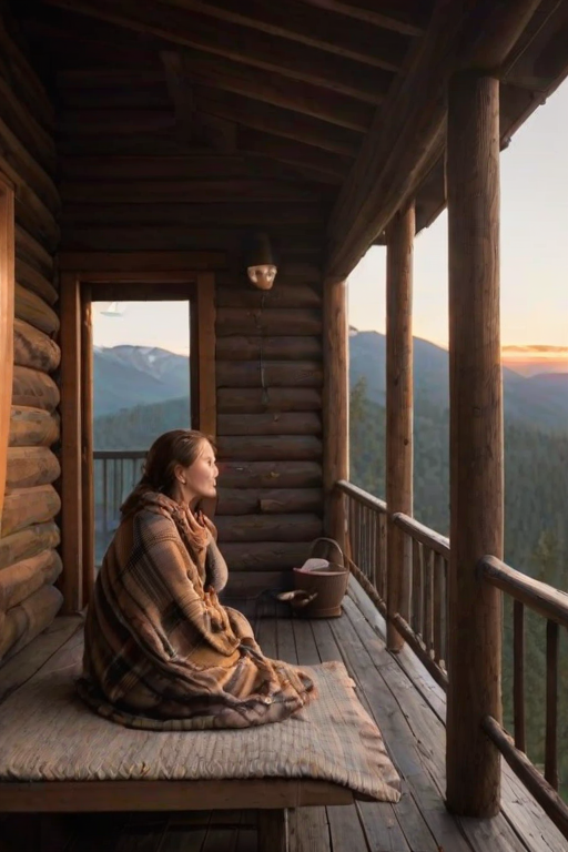 Mountain cabin in the early morning, smoke rising from the chimney, and a woman sitting on the porch, wrapped in a blanket, sipping coffee as she watches the sunrise.