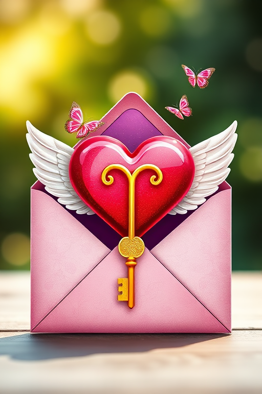Create a colorful illustration of a heart-themed envelope with a golden key and small butterflies, incorporating angel wings, captured with a DSLR camera using a 50mm lens at f/1.8 aperture, ISO 100, in bright daylight with a slight bokeh effect in the background.