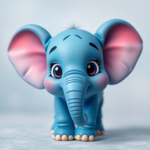 create a cute cartoon elephant with blue skin and large expressive eyes, using a Canon EOS R5 with a 50mm f/1.8 lens, shot in portrait mode with a soft-focus background to enhance the subject and vibrant colors