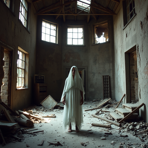 create an eerie scene in an abandoned, decaying building with broken windows and peeling walls, featuring a ghostly figure in a tattered white dress standing in the foreground amidst the ruins