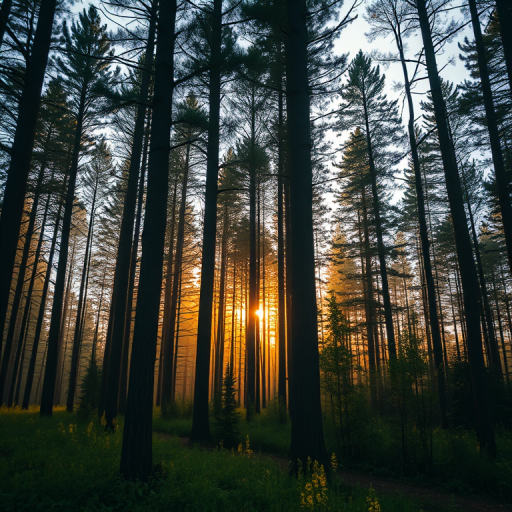 Generate a high-resolution image of a serene forest landscape during sunrise with soft golden light filtering through the trees, taken with a Canon EOS R5 at f/8, ISO 100, 1/125 sec, using a wide-angle lens from a low perspective to capture depth and detail.