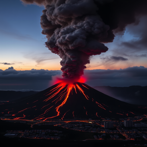 A dramatic volcanic eruption with molten lava flowing down the sides, thick dark ash clouds rising into a twilight sky, capturing the surrounding landscape of a city engulfed in fiery hues, shot with a Canon EOS R5, 24mm lens, f/8 aperture, ISO 100, in a wide-angle view for maximum detail and clarity.
