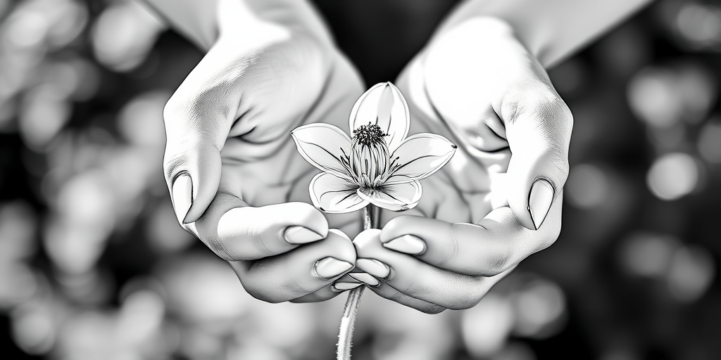 create a line art illustration of two hands holding a blooming flower, captured with a Canon EOS R5, 50mm lens, f/2.8 aperture, ISO 100, in natural light from the left, with a soft focus background for enhanced clarity and detail.