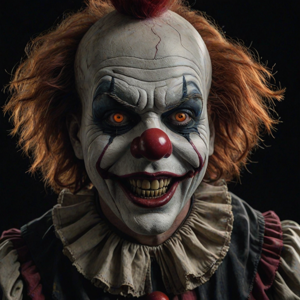 Create a hyper-realistic, dark, and eerie clown with a sinister smile, set against a black background. The clown should have exaggerated makeup with sharp, contrasting colors to enhance its menacing appearance. The overall atmosphere should be unsettling and intense, capturing a sense of horror and suspense