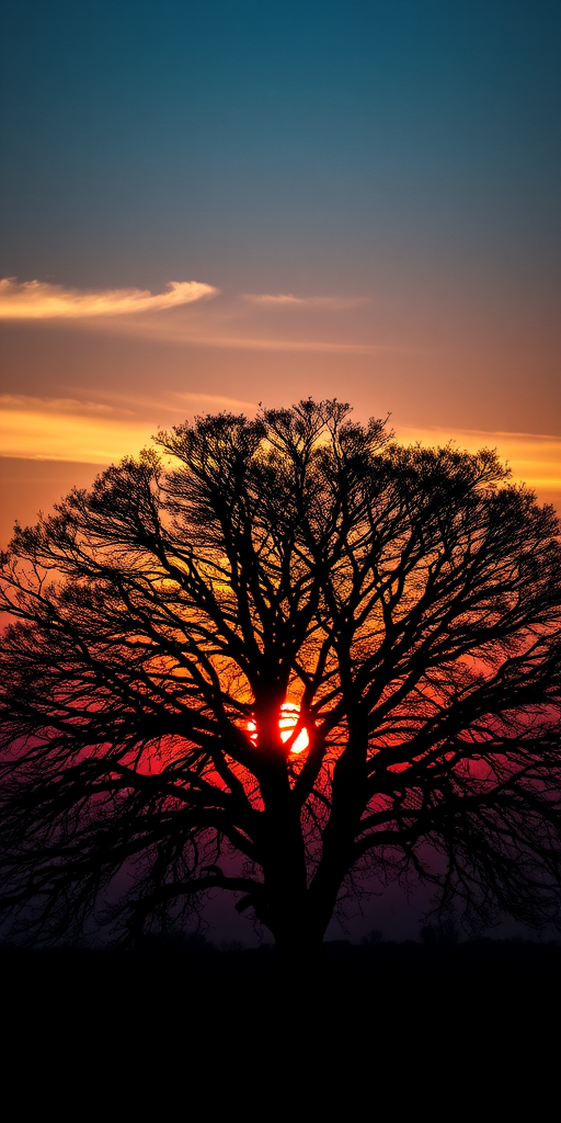 Create a high-resolution silhouette of a tree at sunset, captured with a DSLR camera, aperture f/8, shutter speed 1/100s, ISO 200, with a wide-angle lens for expansive view and enhanced colors in the sky.