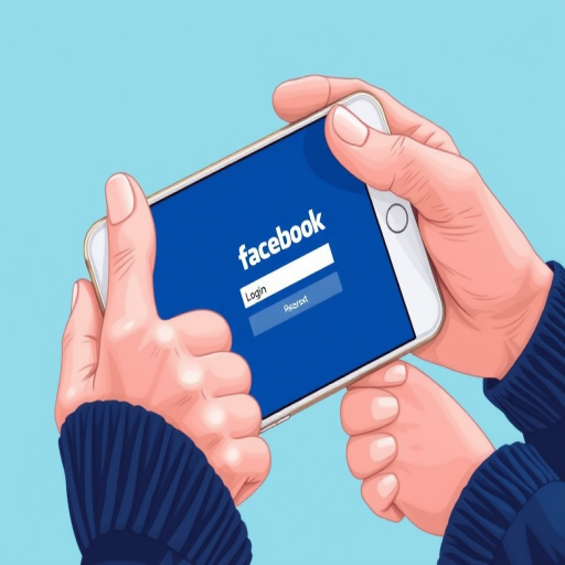 Regenerate a digital illustration of a smartphone screen displaying the Facebook login page with a blue background, incorporating artistic hands and thumbs up, captured with a DSLR camera at f/2.8 aperture, 1/60 sec shutter speed, ISO 100, using a wide-angle lens for a vibrant, high-quality image.