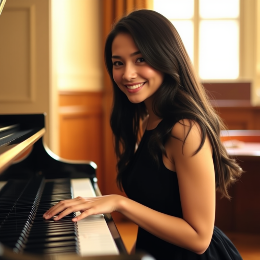 A young woman with long, dark hair smiles at the viewer as she sits at a grand piano, her right hand poised over the keys. The scene is lit by warm, natural light, highlighting the elegant simplicity of the woman's black dress. The perspective is from the side, emphasizing the contrast between the woman's delicate form and the grand scale of the piano. The ivory keys and dark wood of the piano create a striking visual contrast, further emphasized by the rich black of her dress.