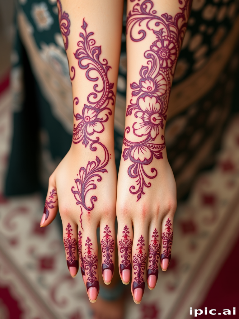 Empowering body tattoo featuring intricate henna-inspired patterns adorning the hands and forearms, rendered in rich burgundy ink with delicate swirls