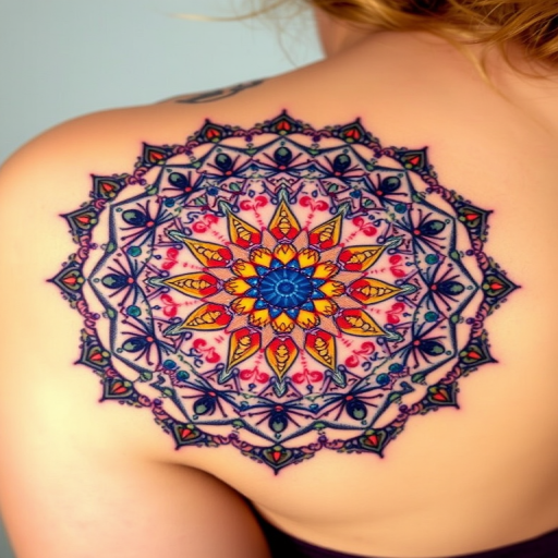 Colorful dotwork mandala tattoo, "Kaleidoscope Dream," using tiny, precisely placed dots in a rainbow of colors to create a mesmerizing circular design with intricate patterns and sacred geometry elements, ideal for a shoulder or upper back placement