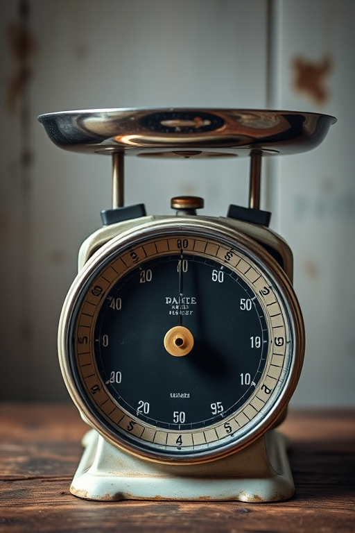 Regenerate an image of a vintage scale displaying weights with a focus on the dial, using a Canon EOS R5, 50mm lens, f/2.8 aperture, ISO 100, natural light, and a slight vignette effect for enhanced quality.