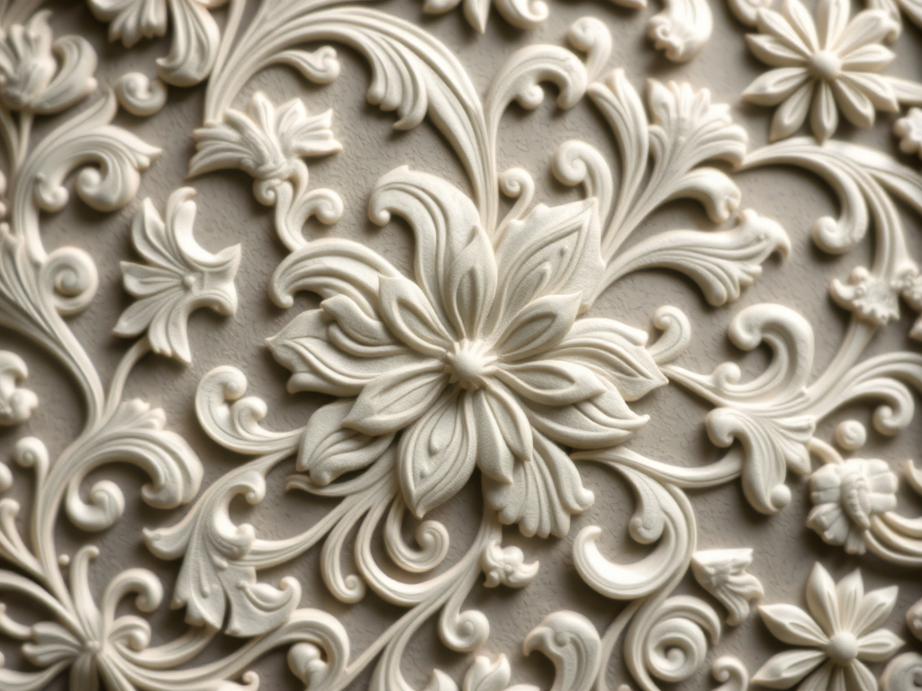 Generate a detailed image of intricate, swirling floral patterns in a monochromatic color scheme, captured with a DSLR camera using a 50mm lens at f/1.8, ISO 100, in soft natural lighting, top-down view, with a shallow depth of field to emphasize the texture and details of the design.