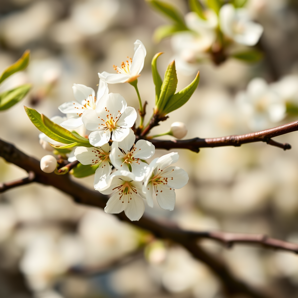 macro shot of white flower blossoms on a tree branch with a soft blurred background, aperture f/2.8, shutter speed 1/200s, ISO 100, taken with a DSLR camera in natural light