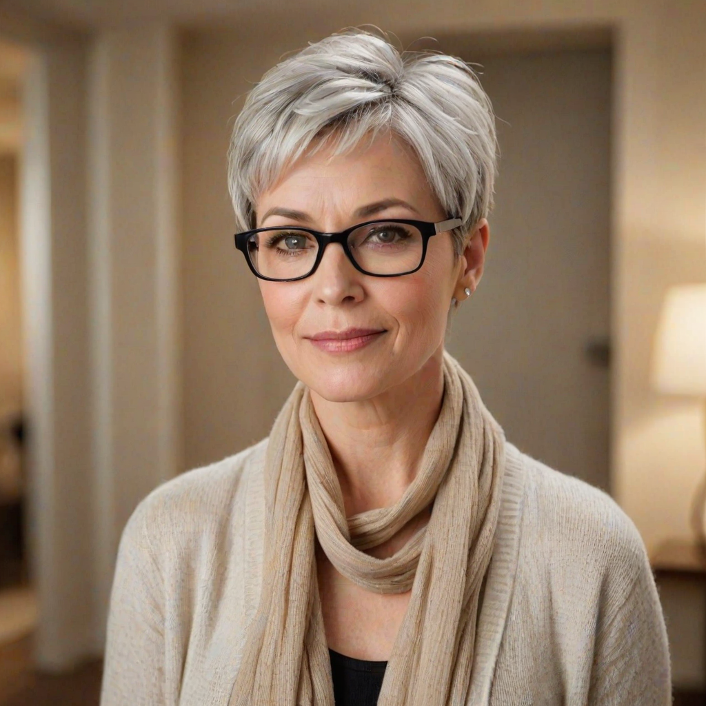 Portrait of a mature woman with short silver hair, styled in an asymmetrical pixie cut with side bangs. She wears black-framed glasses and a beige blouse with a white cardigan over it, as well as a bulky scarf in neutral tones. The woman is indoors with soft lighting and a blur in the background. Her expression is serene and confident, highlighting her elegance and modern style.