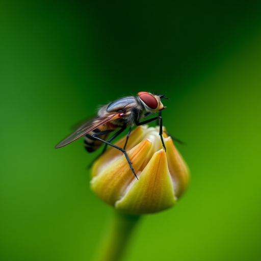 macro photography of a fly on a flower bud with a blurred green background, settings: aperture f/8, shutter speed 1/200s, ISO 100, lens 100mm macro, focal length 100mm, camera type DSLR, focus stacked for enhanced detail