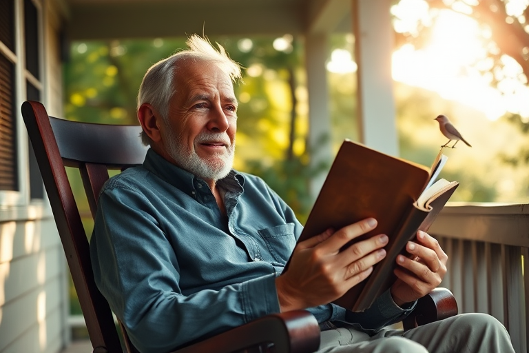 Warmly lit image of an elderly man sitting in a rocking chair on a porch, holding a worn book in his hands, soft smile on his face, sunlight filtering through the trees overhead, a gentle breeze rustling the leaves, the sound of birds chirping in the distance.