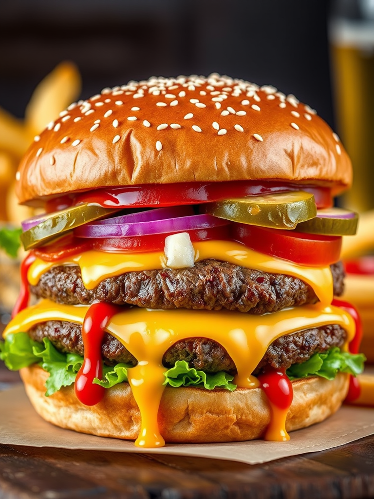 High-resolution, close-up image of a gourmet double cheeseburger. The burger features a glossy, sesame-seed-topped brioche bun. Inside, there are two thick, juicy beef patties, each topped with melted cheddar cheese. The burger is garnished with fresh lettuce, tomato slices, diced onions, and pickles. A generous amount of ketchup and a creamy, orange-colored sauce is dripping down the sides, adding to the mouth-watering appeal. In the background, there are blurred elements including a side of golden French fries and a hint of a beverage, enhancing the overall presentation of a delicious meal.