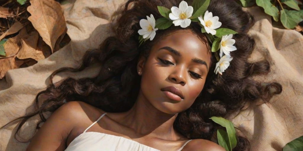 create a watercolor painting of an ethereal portrait of beautiful Igbo woman with a simple white flower crown on her head. Her hair is long and she is lying on the ground. The sunlight on the trees casts shadows from the leaves on her face and body. The background is a neutral brown color that matches her skin tone. The image is minimalist and solid colors. This style is characterized by soft, delicate brushstrokes and a light, airy, contrasting color palette. High level of detail and play of light