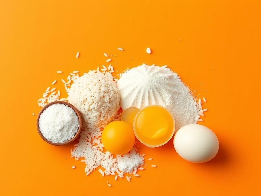 Create an illustration of rice, flour, salt, and eggs on a vibrant orange background, with a focus on clean lines and bright colors, using a Canon EOS 5D Mark IV camera, 50mm lens, aperture f/1.8, ISO 100, and soft lighting to enhance the image quality.