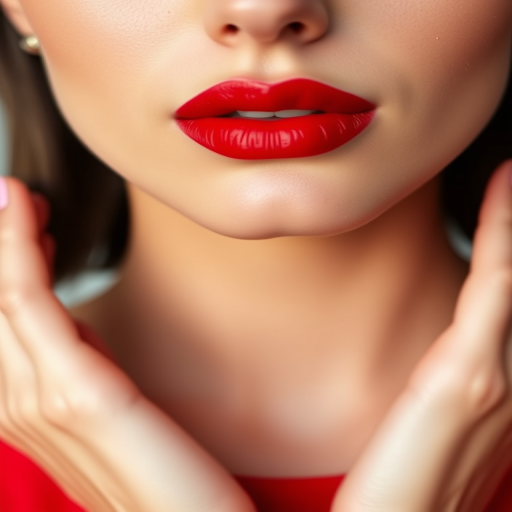 Classic red lip color with a satin finish adorns perfectly symmetrical lips, showcasing their flawless shape and smooth texture in a timeless, elegant style