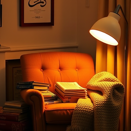 Warmly lit photo of a cozy reading corner, with a plush armchair, a stack of books, and a soft blanket draped over the side, illuminated by a nearby floor lamp.