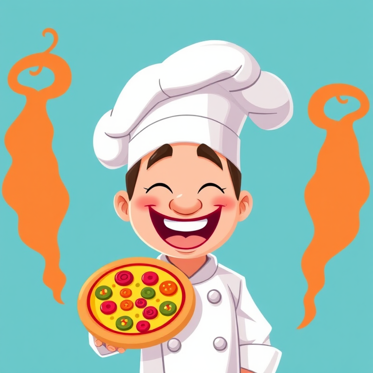 Create a vibrant cartoon image of a cheerful chef with a white hat and a big smile, holding a pizza, using a 35mm lens, f/2.8 aperture, ISO 100, with a front view composition and flat illustration style.