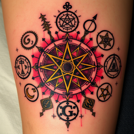 Mysterious "Alchemy Symbols" tattoo features an array of esoteric signs and emblems arranged in a harmonious composition. Deep burgundy and antique gold create a sense of ancient wisdom, while touches of iridescent white ink add a magical glow. Fine linework and subtle shading bring depth to each symbol, creating a piece rich in history and hidden meanings.