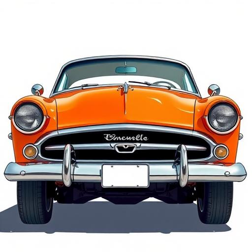 Create a high-resolution illustration of an orange vintage car, viewed from a slightly elevated angle, with a focus on vibrant colors and clear lines, using a digital drawing style, 300 dpi, medium format camera settings, f/8 aperture, 1/125s shutter speed.