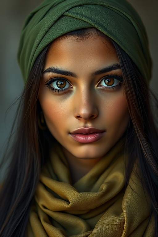 Create a portrait of a young Latino woman with long, dark hair and captivating hazel eyes. She is wearing a green headscarf and a matching scarf draped gracefully around her neck. The background is softly blurred, focusing attention on her serene and natural expression. The overall color palette is muted and warm, enhancing the intimate and authentic feel of the portrait.