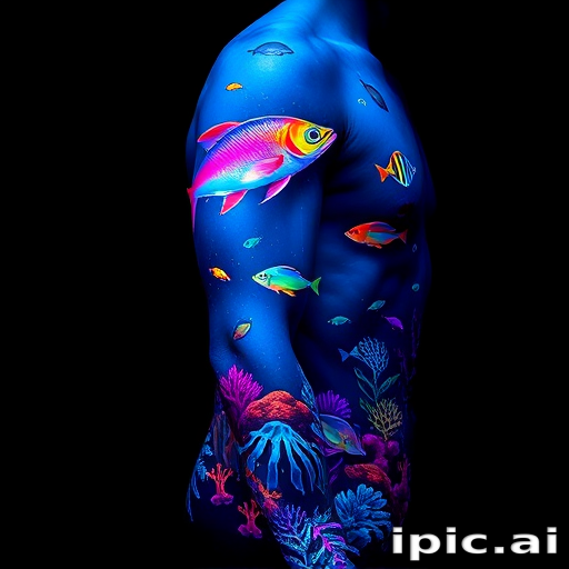 Mesmerizing full-sleeve body tattoo showcasing a realistic underwater scene with iridescent fish and coral reefs in vivid neon colors and blacklight-reactive ink