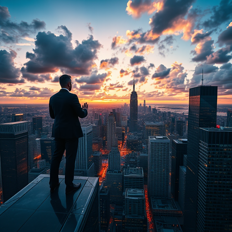 a solitary man in a suit meditating on the edge of a skyscraper overlooking a vibrant city skyline at sunset with dramatic clouds, shot with a Canon EOS R5, 24mm lens, f/8 aperture, ISO 100, long exposure for enhanced depth and clarity, wide-angle view for an expansive perspective