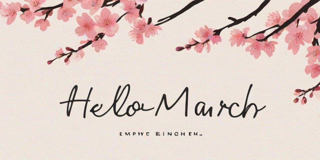 Create a minimalist illustration featuring a pink cherry blossom tree with a white background, accompanied by the text "Hello March" in a stylish font.