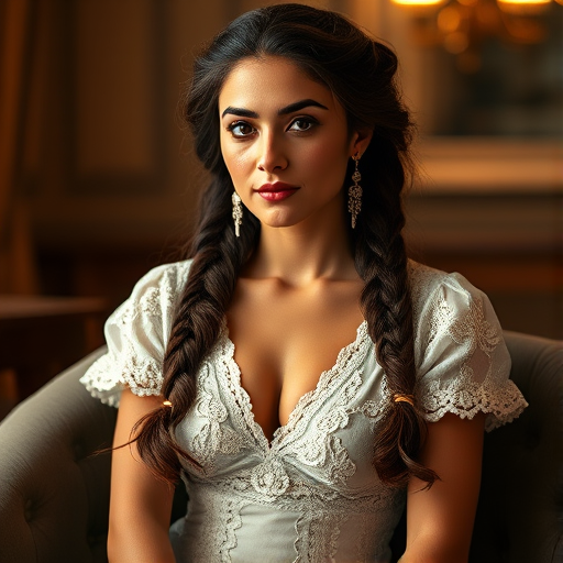 Create a portrait of a refined and elegant Kurdish woman seated in a sophisticated setting. She has long, wavy hair styled in two thick braids that are pulled over her shoulders. She wears a white, lace gown with intricate patterns, featuring a deep V-neckline and short sleeves. The dress exudes a vintage charm with its delicate lacework. She is adorned with ornate, dangling earrings that add a touch of glamour to her appearance. The background is softly lit, with warm, ambient lighting that creates a cozy and inviting atmosphere. Her expression is poised and serene, capturing a sense of grace and elegance.