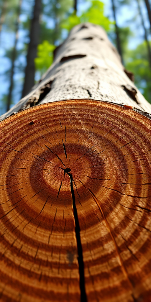 Create a high-resolution digital illustration of a wooden log with detailed wood grain patterns, using a 50mm lens, f/2.8 aperture, ISO 100, shot in natural light from a low angle view, with a DSLR camera style.