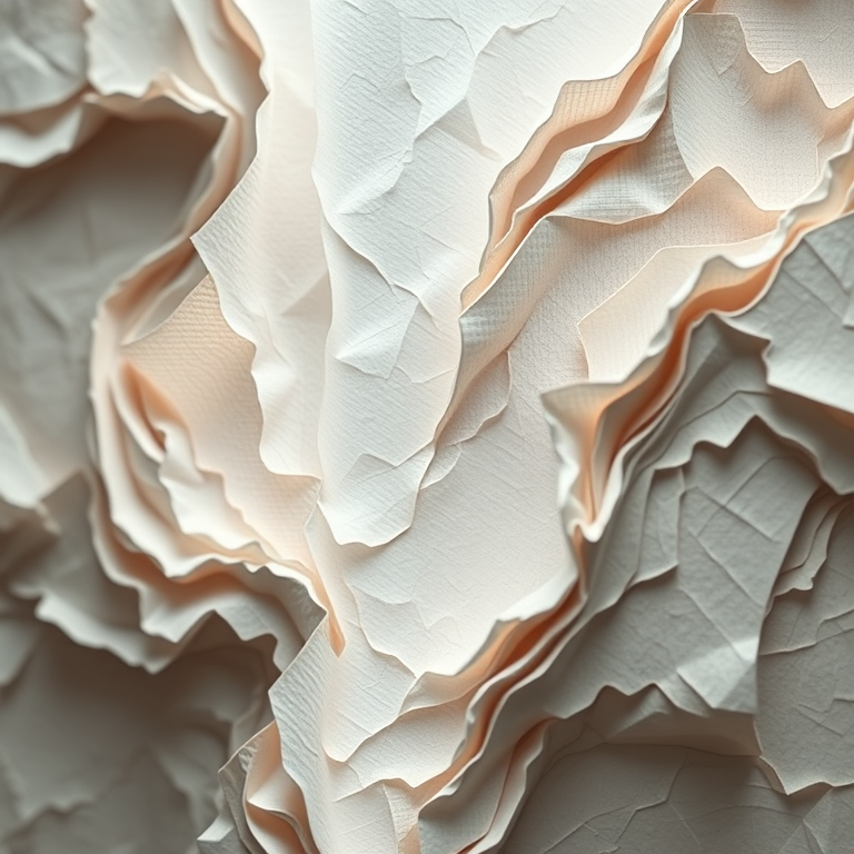 Create a high-resolution image of layered paper textures resembling a jagged abstract landscape, captured with a Canon EOS R5, 50mm lens, f/2.8, ISO 100, natural daylight, with a shallow depth of field to enhance detail and contrast.