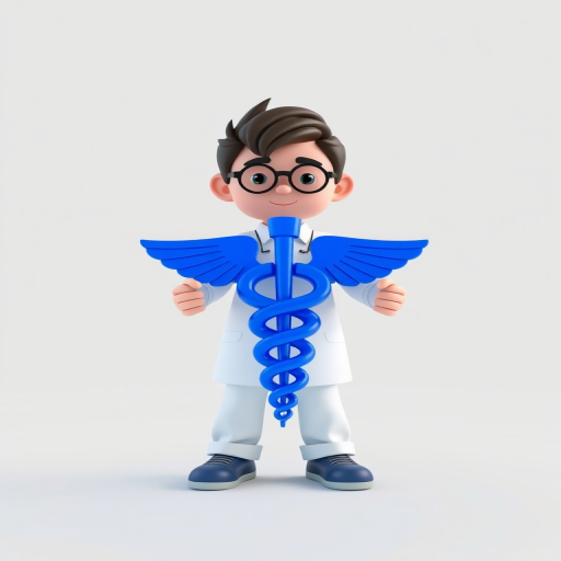 Create a 3D rendering of a stylized character holding a large blue caduceus symbol, captured with a DSLR camera at f/2.8 aperture, ISO 100, 50mm lens, in a clean white background with soft lighting for enhanced clarity and detail.