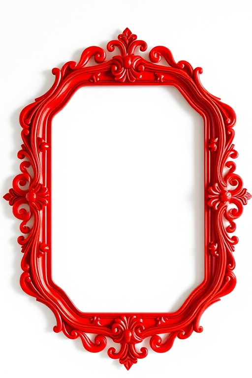 Create a rich red decorative frame on a white background, using a DSLR camera with a 50mm lens, aperture set to f/2.8 for a shallow depth of field, ISO 100, and soft natural lighting to enhance colors and texture.