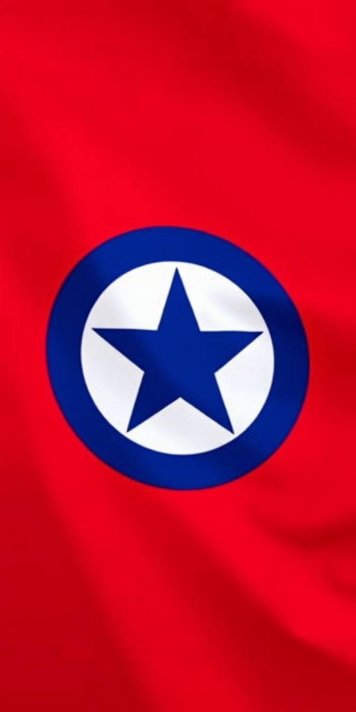 Design a high-resolution image of the North Korean flag featuring a red background with a central white star in a blue circle surrounded by a blue and white stylized frame, shot with a DSLR camera at f/11, ISO 100, 50mm lens, in natural lighting to enhance color vibrancy and detail.