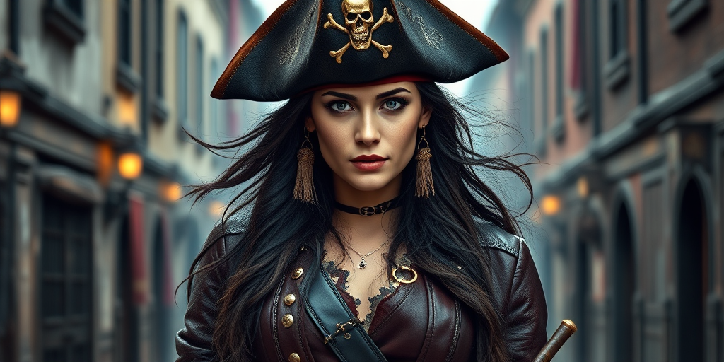 Create a portrait of a fierce female pirate. She wears a leather tricorn hat adorned with a skull and crossbones emblem, and her long, dark hair flows around her face. Her outfit consists of a richly detailed leather jacket, a corset, and multiple layers of belts and accessories, giving her a formidable and stylish appearance. She stands confidently in a dimly lit, historic port town, with a backdrop of weathered buildings and cobblestone streets, capturing the adventurous spirit of a pirate.
